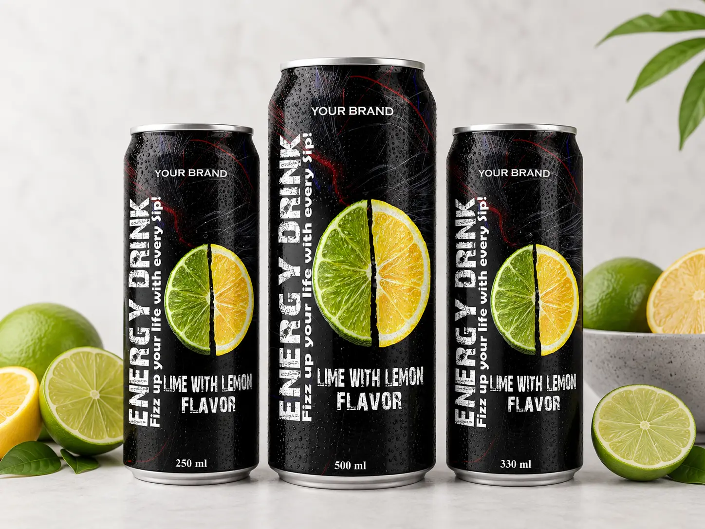 ENERGY DRINK Lime with Lemon flavor available in 250ml, 500ml, and 330ml cans.